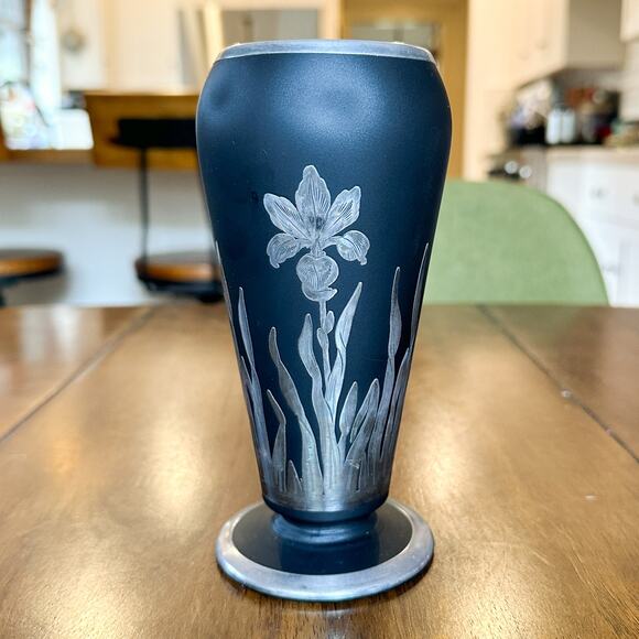 Vintage Black Satin Glass Vase with Sterling Silver Iris Overlay Art Deco Style - Picture 4 of 13